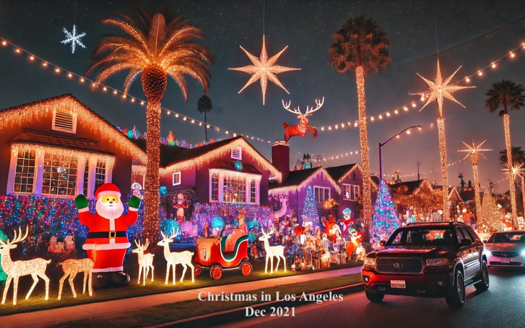 Christmas decor on the streets of Candy Cane Lane, Los Angeles